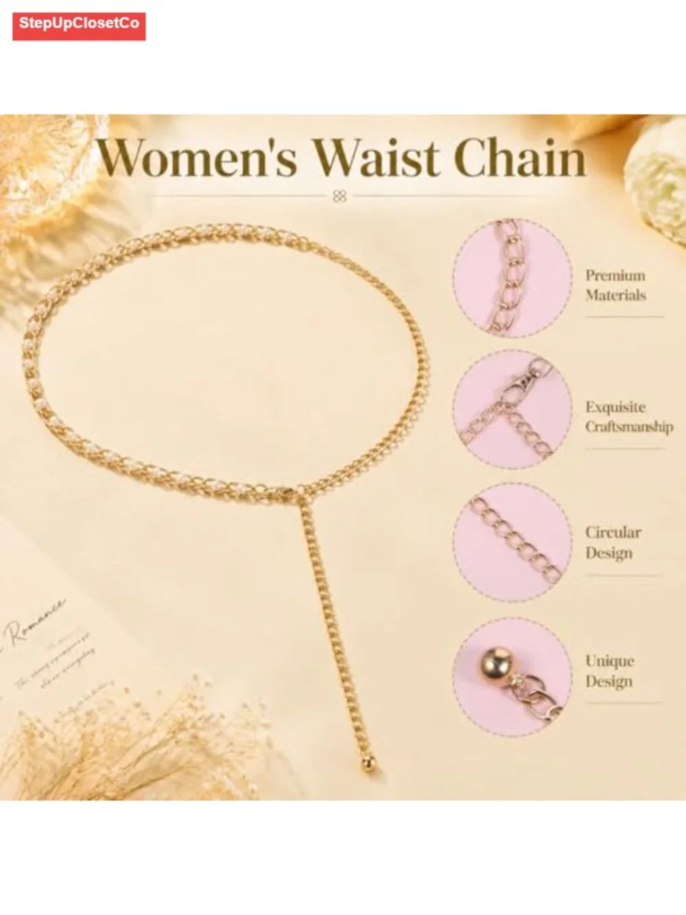 Adjustable Metal Waist Chain Belt with Pearl Accents, Lobster Clasp, Dainty
